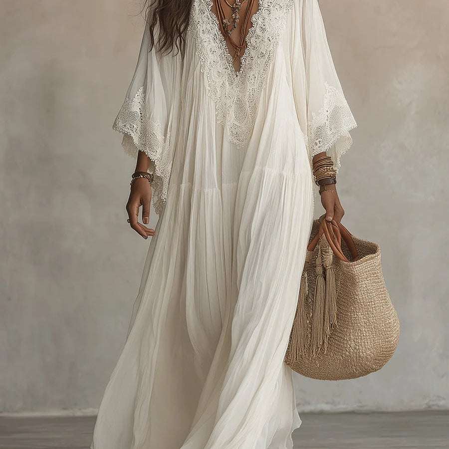 Vestido largo de gasa para mujer con encaje y falda de volantes