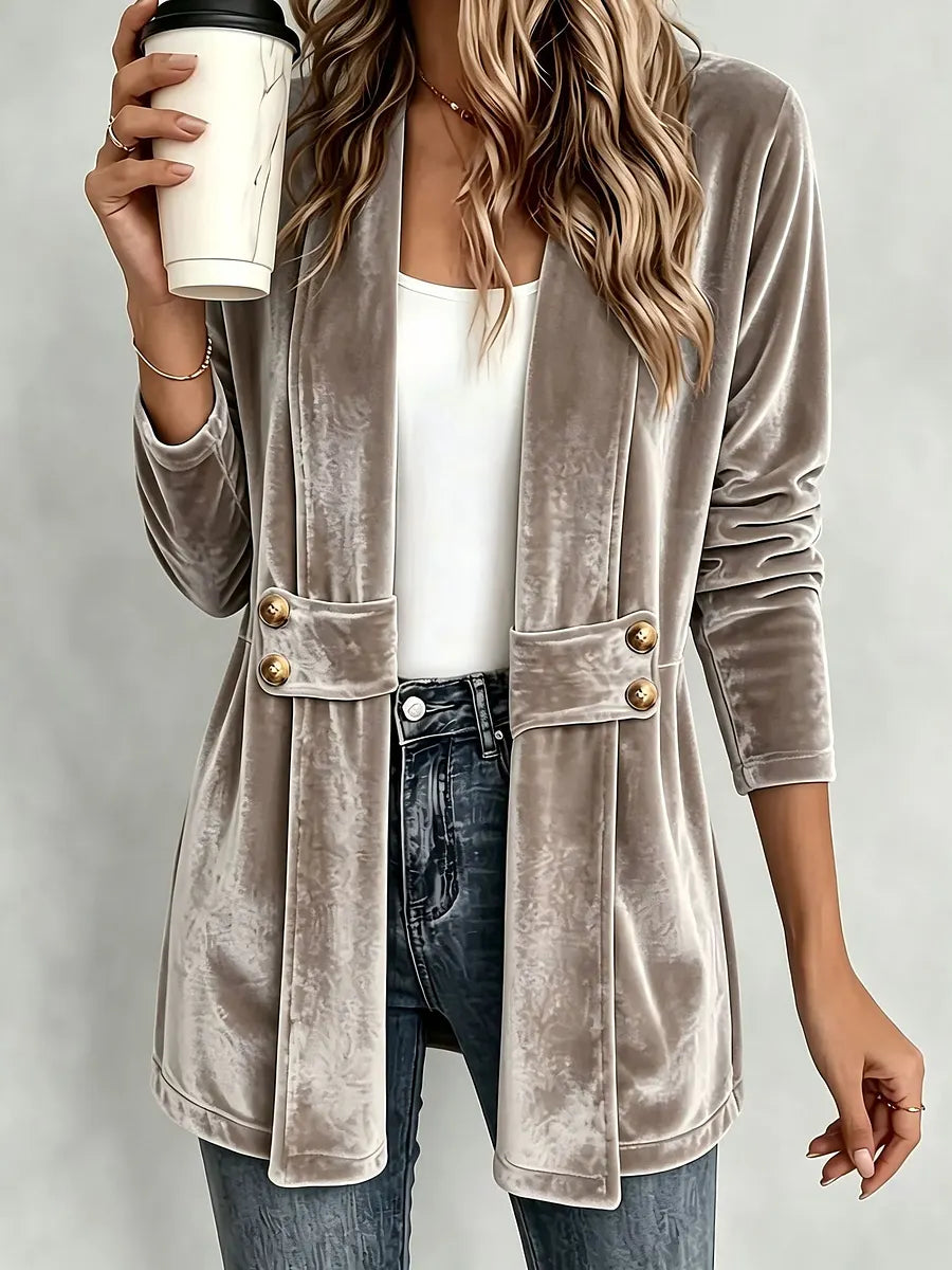 Blazer largo de terciopelo para mujer con solapas en la cintura