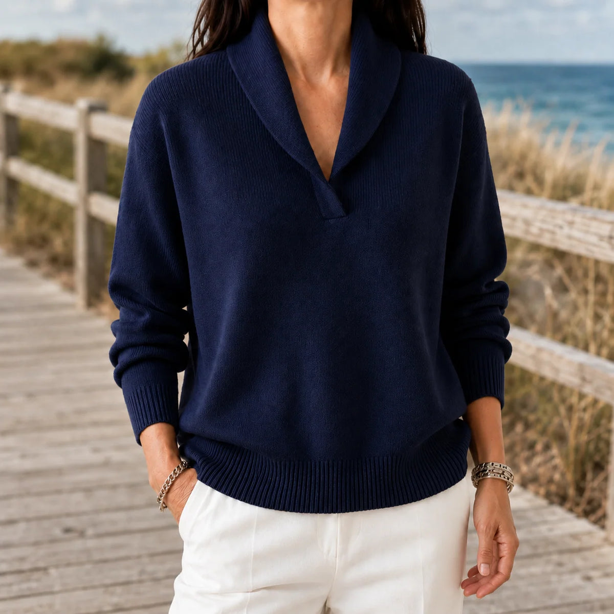 Jersey fino de mujer con cuello chal abierto