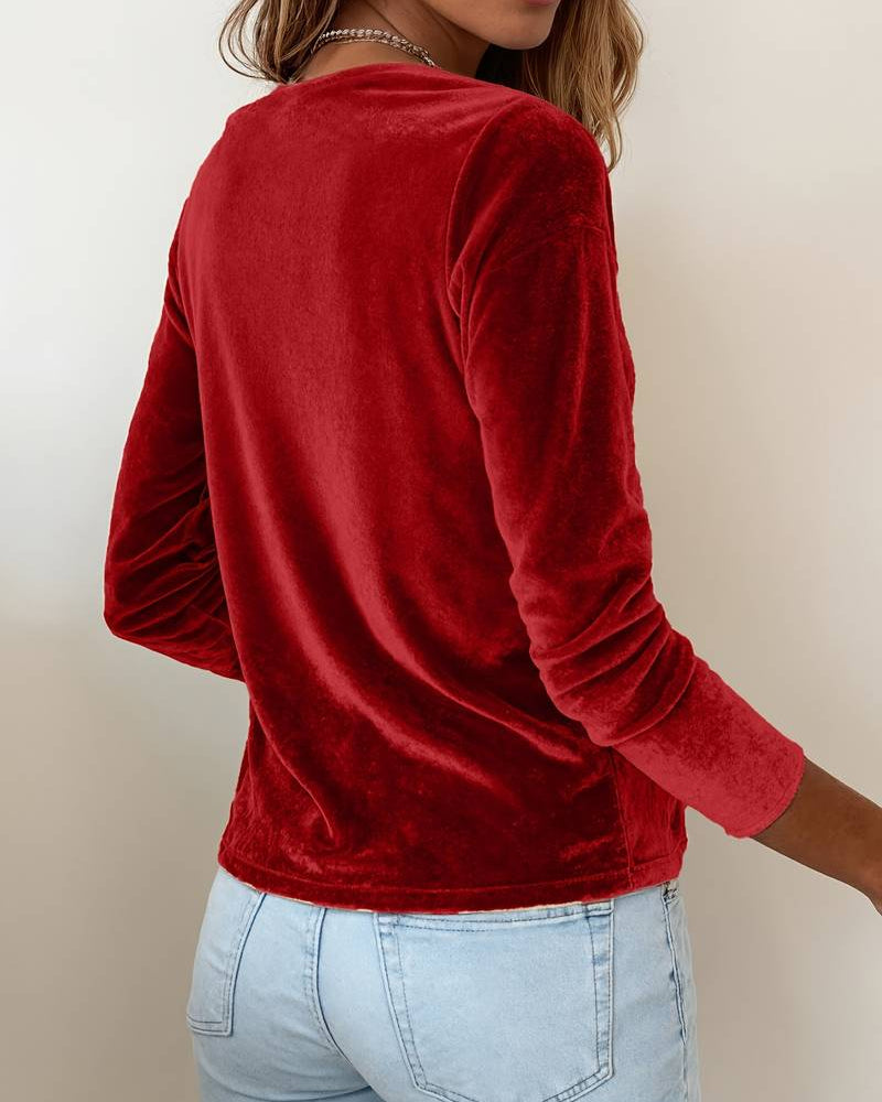 Camiseta de manga larga para mujer de terciopelo con escote en V drapeado