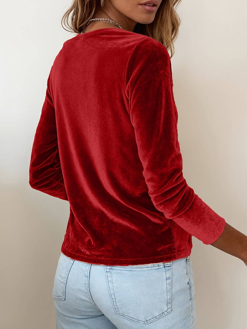 Camiseta de manga larga para mujer de terciopelo con escote en V drapeado