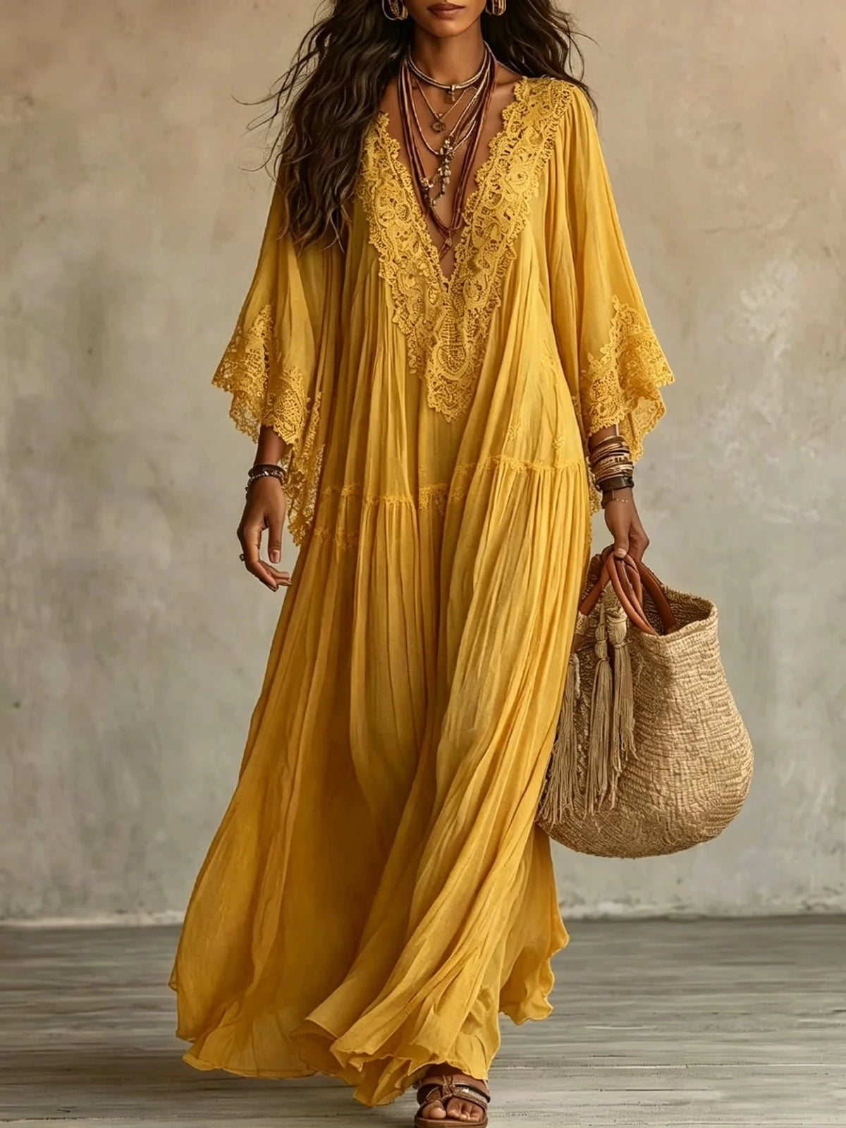 Vestido largo de mezcla de lino para mujer con mangas de encaje