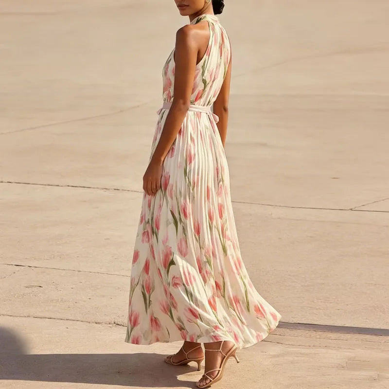 Vestido largo plisado para mujer con estampado floral