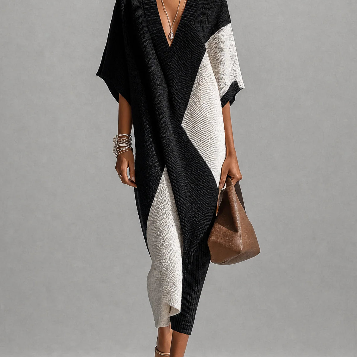 Vestido midi de mujer con escote en V bicolor