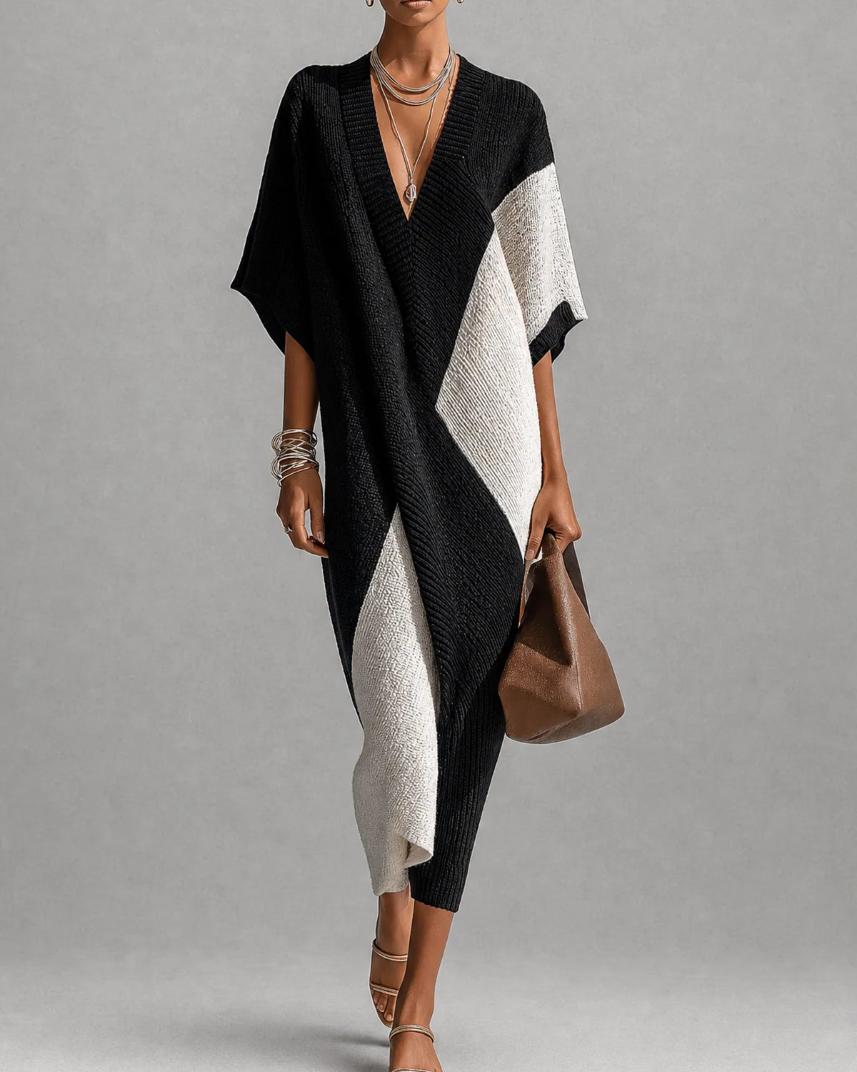 Vestido midi de mujer con escote en V bicolor