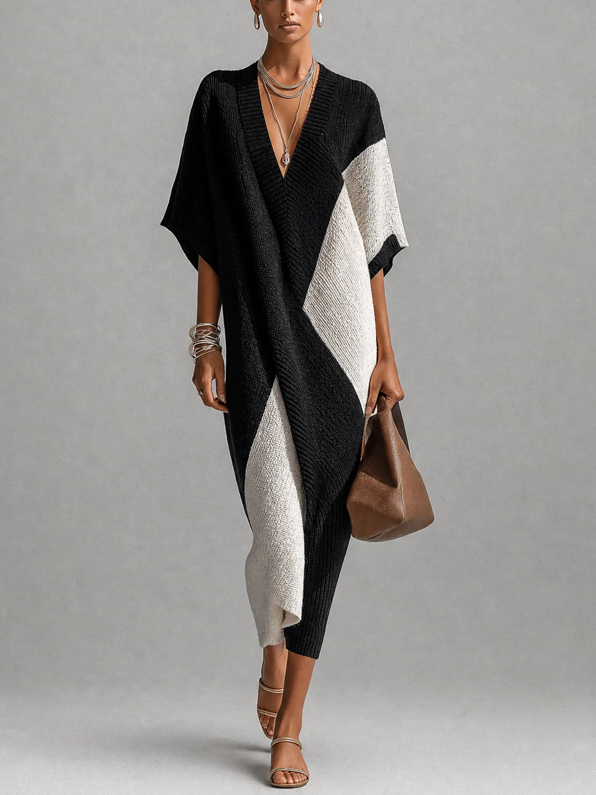 Vestido midi de mujer con escote en V bicolor