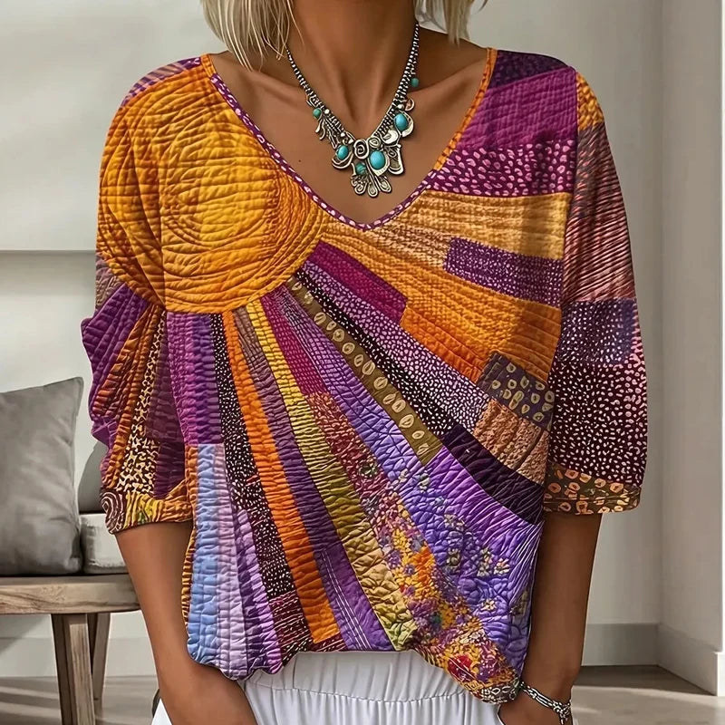 Blusa de parches para mujer con escote en V y mangas 3/4