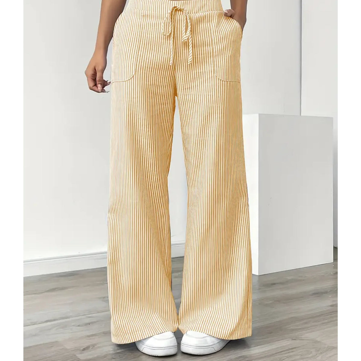 Pantalones palazzo para mujer con cintura de cordón y bolsillos