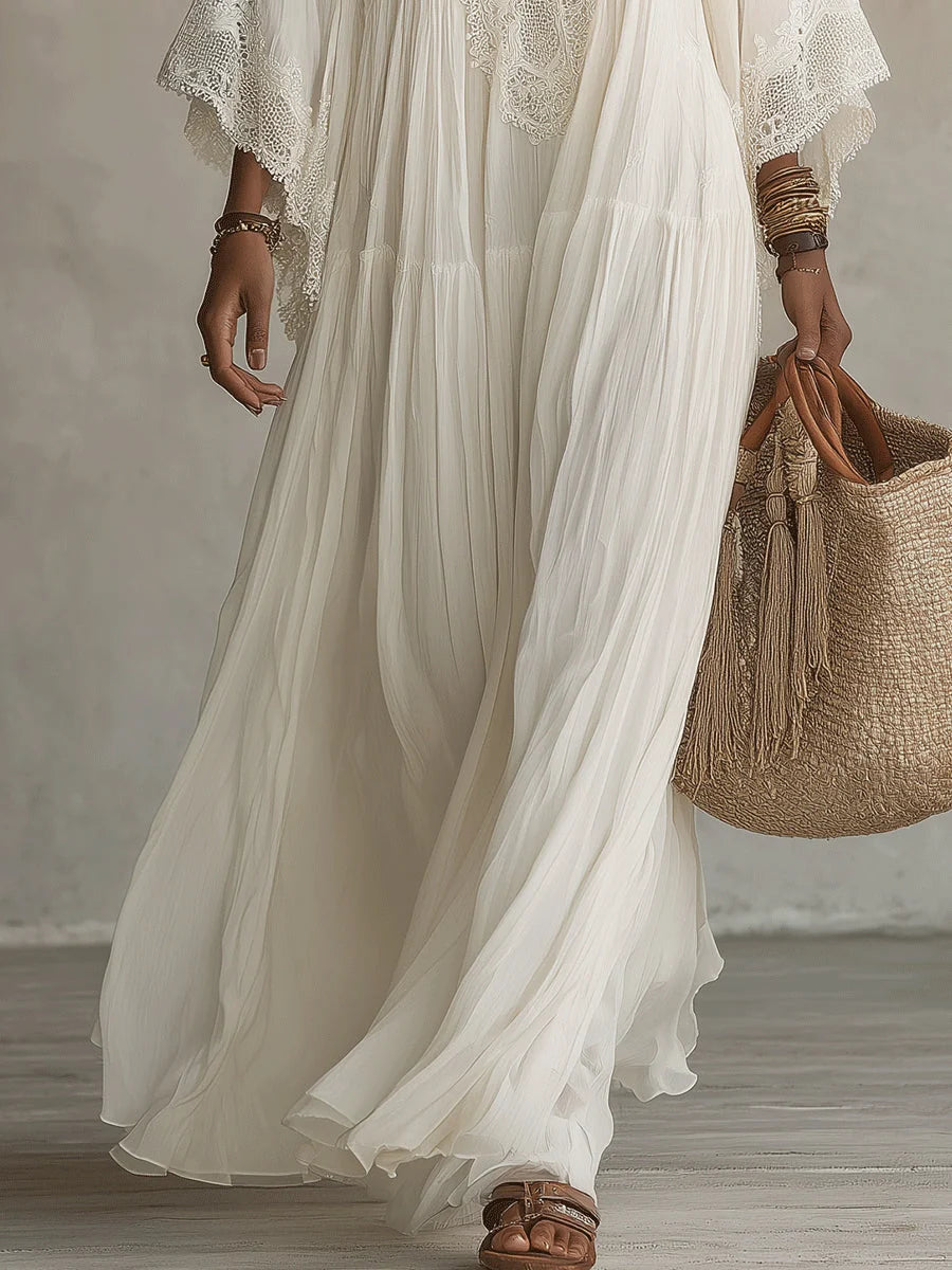 Vestido largo de mezcla de lino para mujer con mangas de encaje