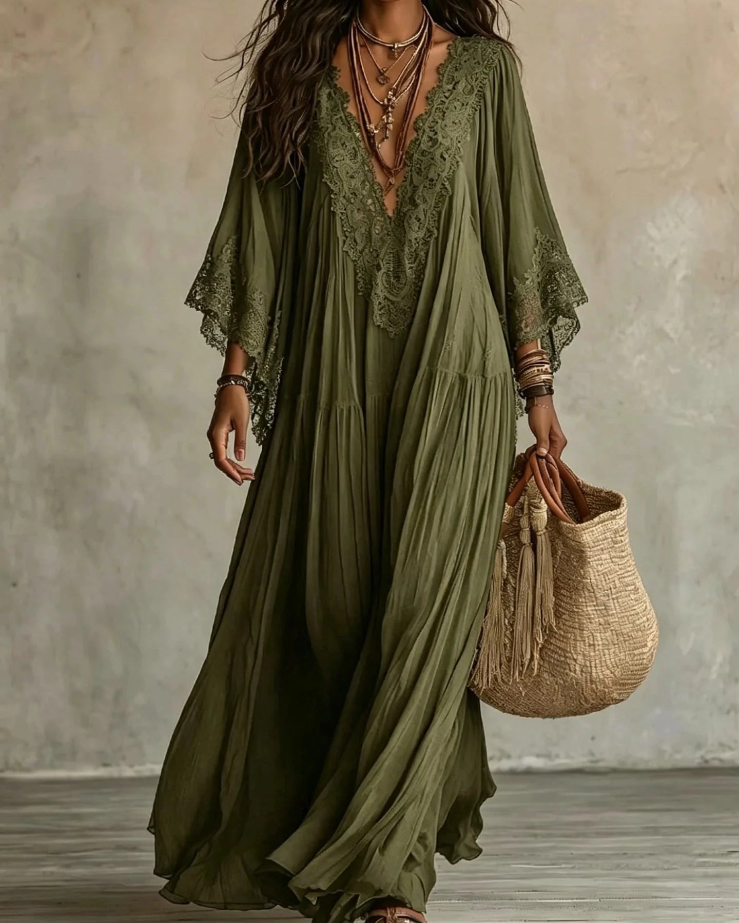 Vestido largo de mezcla de lino para mujer con mangas de encaje
