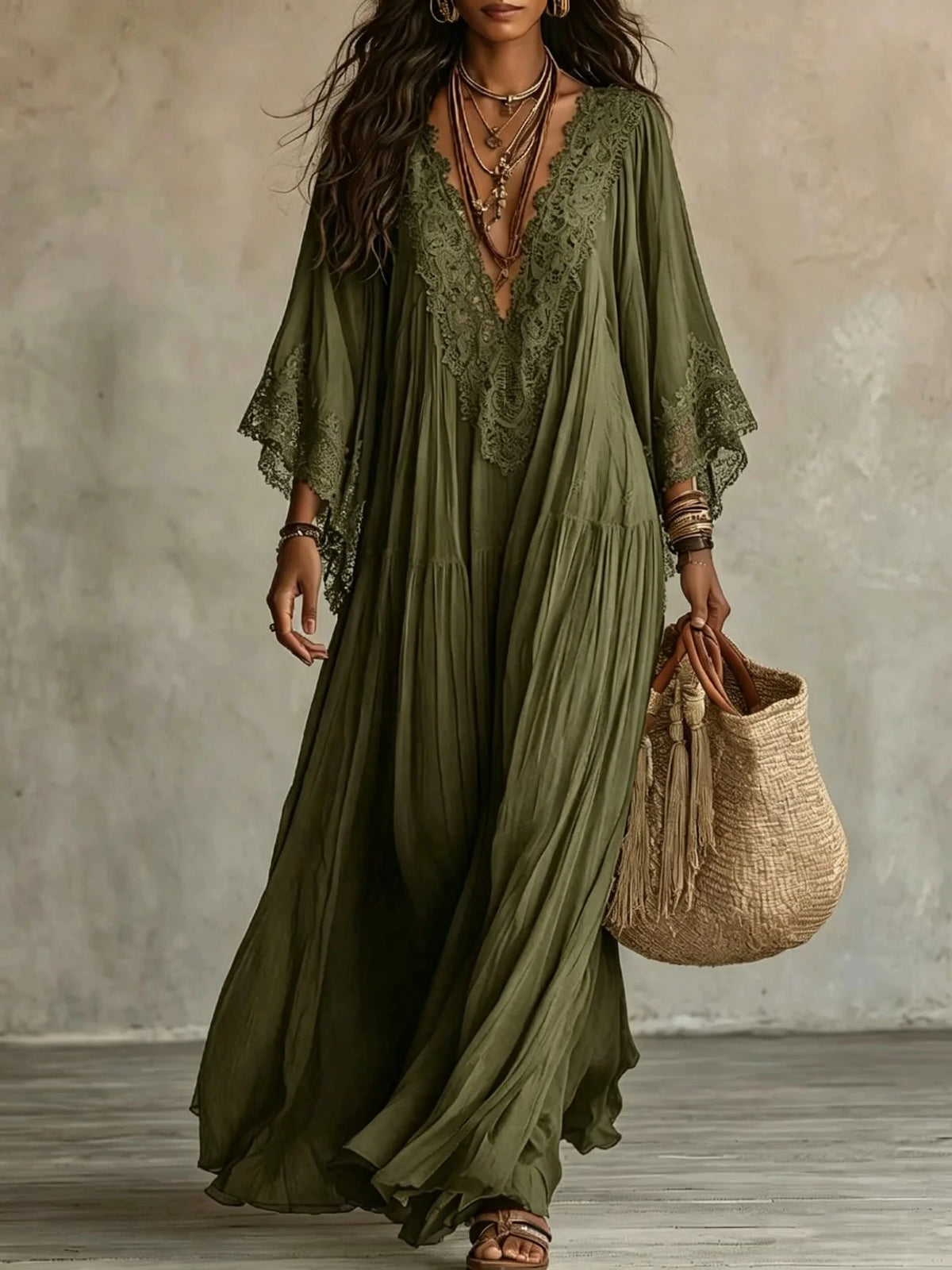 Vestido largo de mezcla de lino para mujer con mangas de encaje