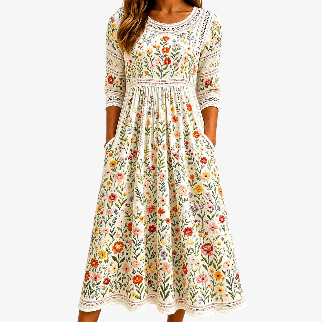 Vestido midi de mujer con encaje y bolsillos laterales