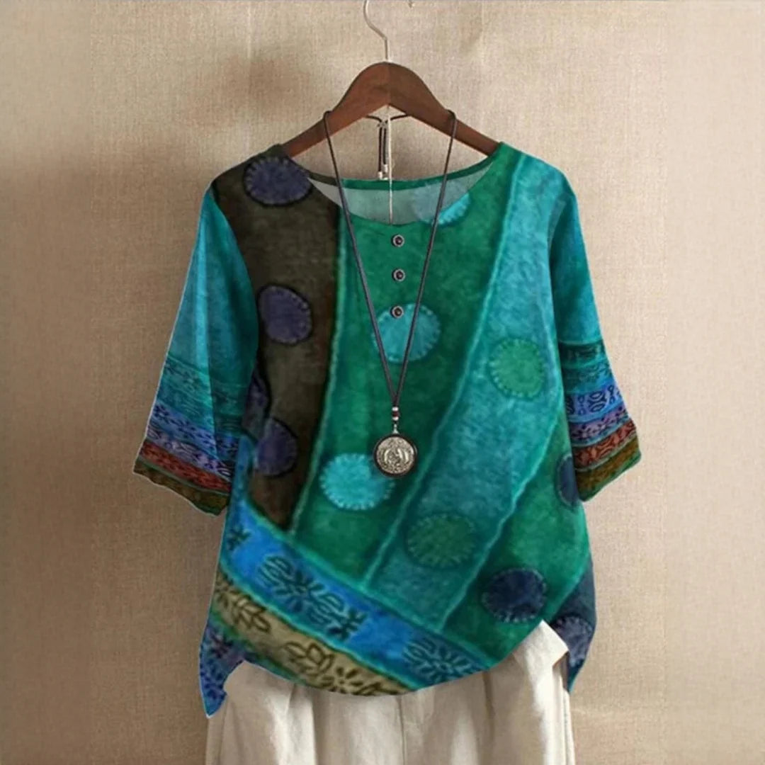 Blusa de mujer con estampado vintage y cuello redondo