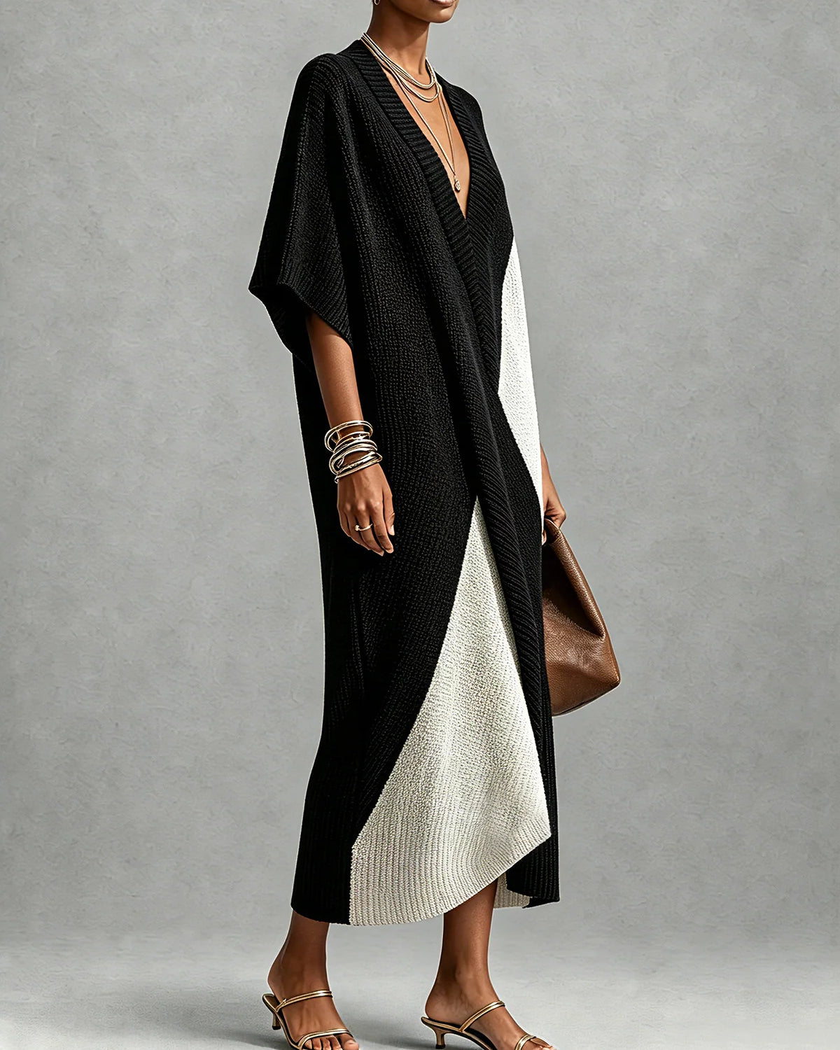 Vestido midi de mujer con escote en V bicolor