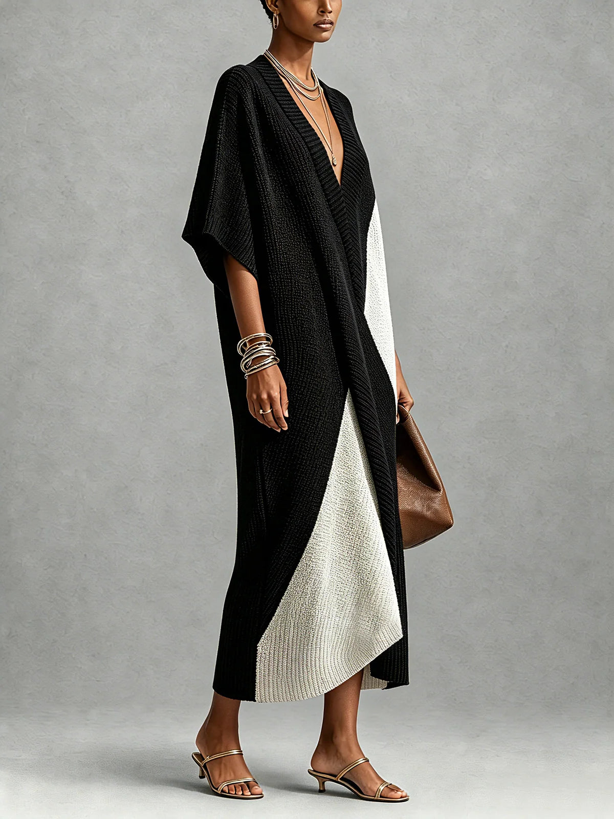 Vestido midi de mujer con escote en V bicolor