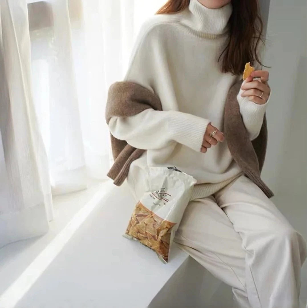 Jersey de punto fino para mujer con cuello vuelto y tacto suave