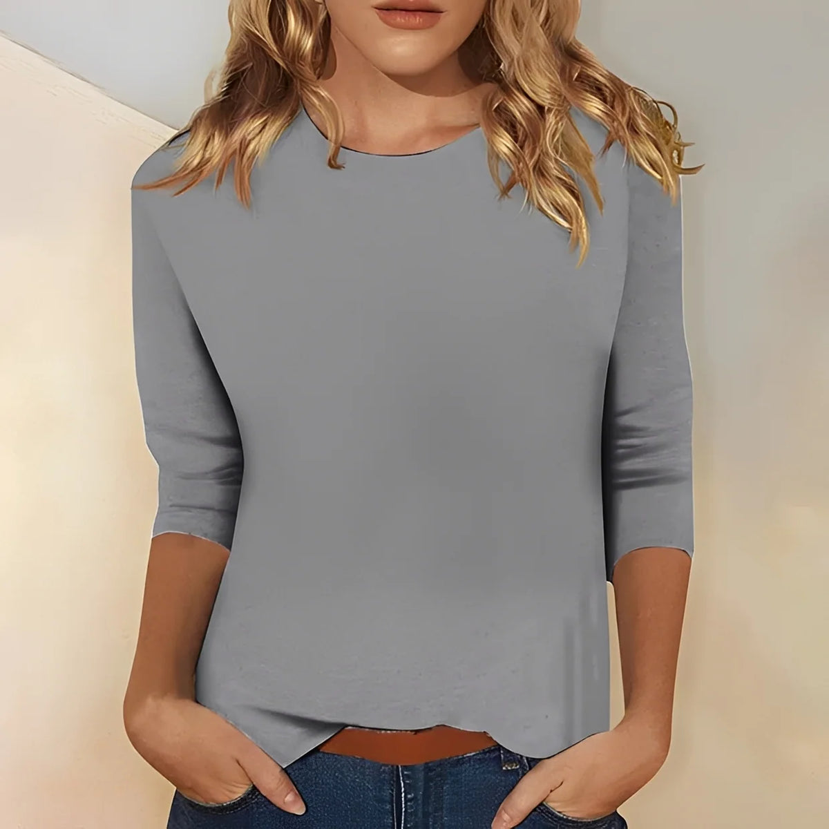 Blusa de manga larga para mujer con cuello redondo