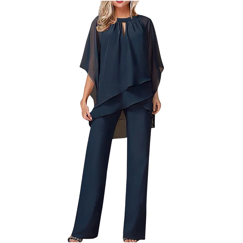 Conjunto de mujer con blusa asimétrica y pantalón de pierna ancha