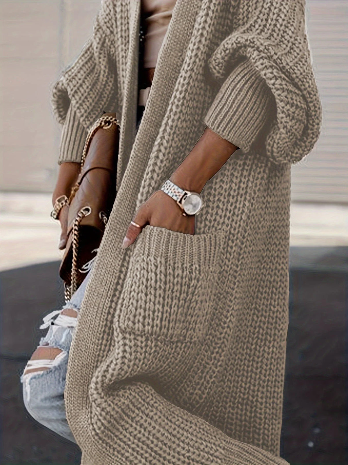 Cardigan maxi de punto fino para mujer con bolsillos laterales