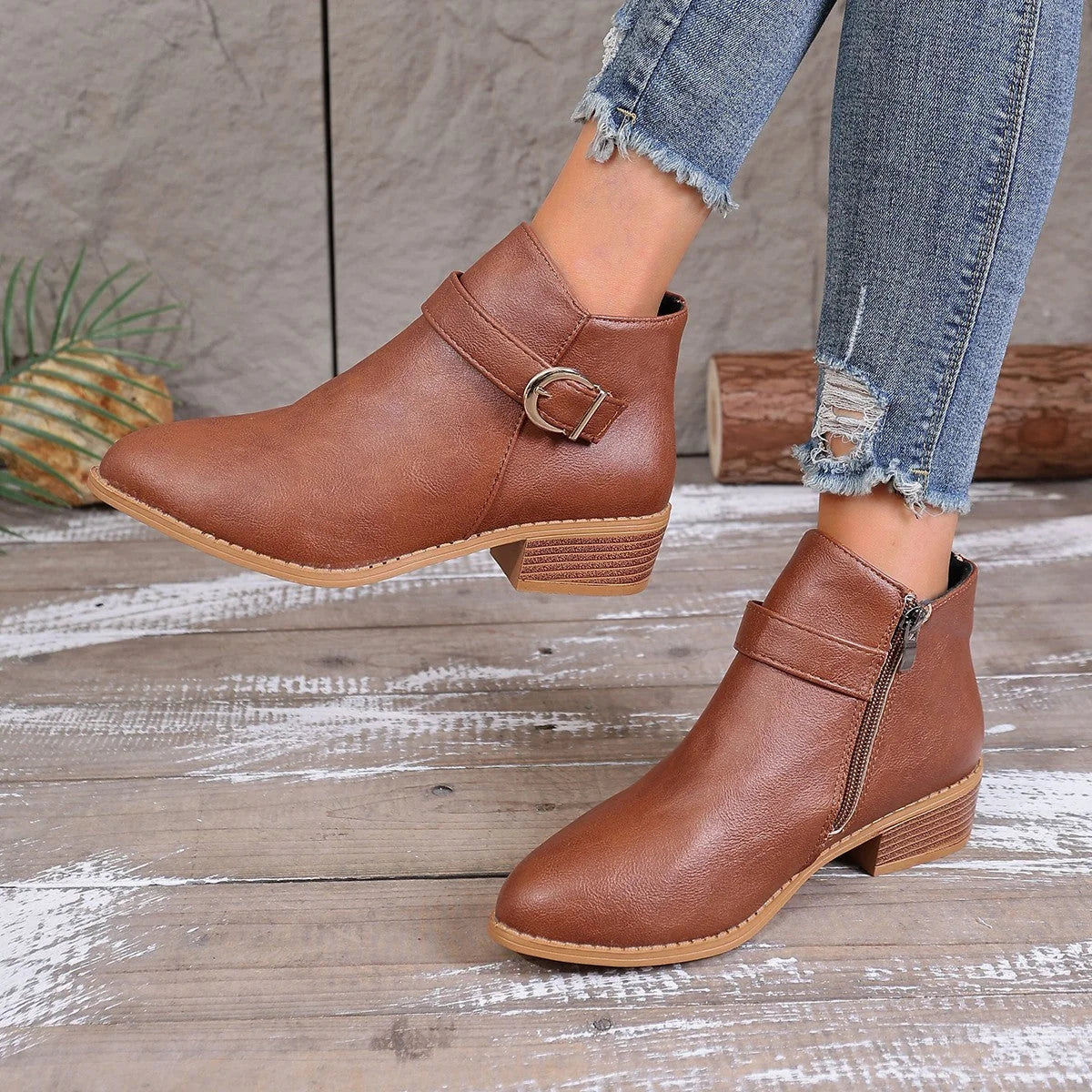 Botines de piel sintética para mujer con cremallera lateral