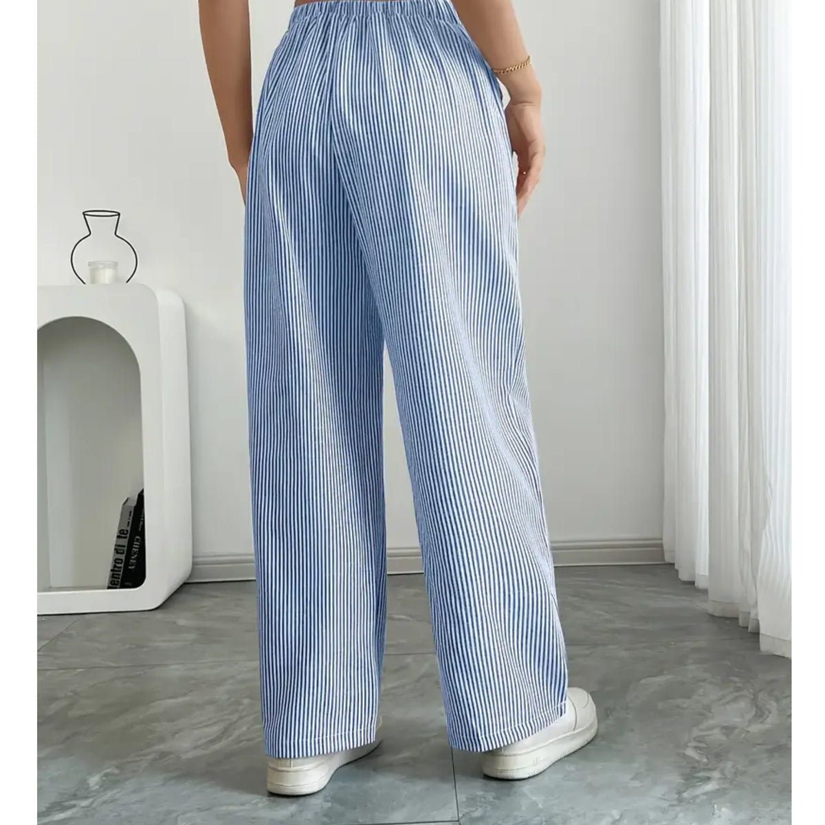 Pantalones palazzo para mujer con cintura de cordón y bolsillos