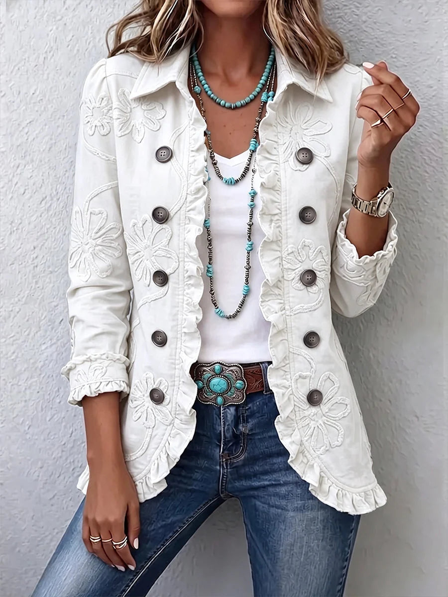 Chaqueta de mujer con bordado de flores y volantes