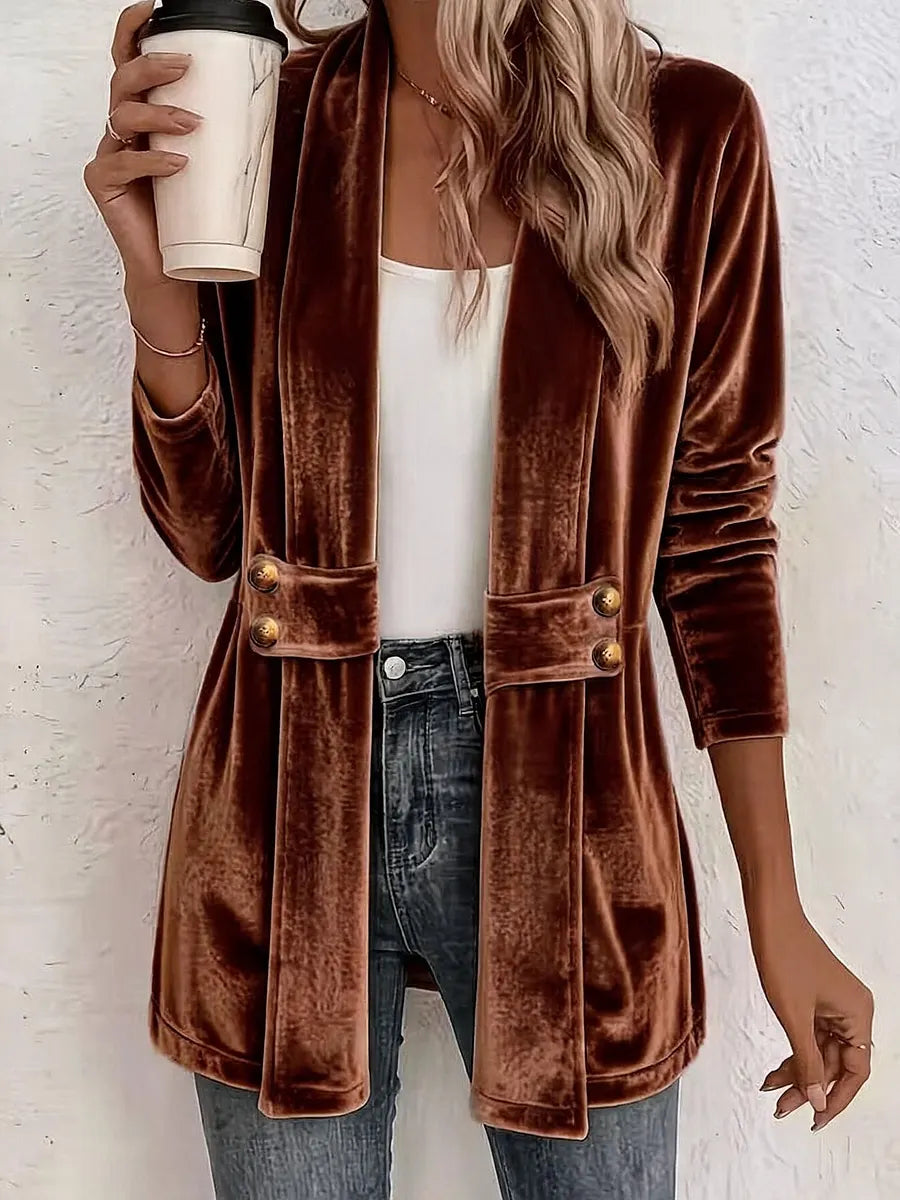 Blazer largo de terciopelo para mujer con solapas en la cintura