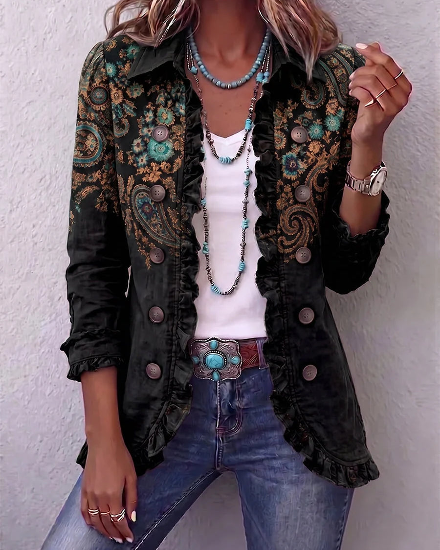 Chaqueta de mujer con estampado de paisley y volantes