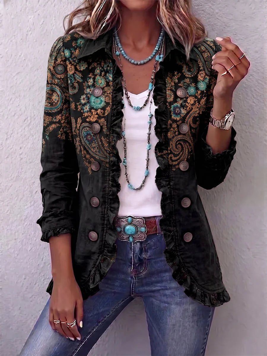 Chaqueta de mujer con estampado de paisley y volantes