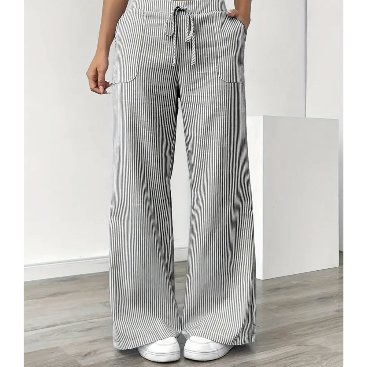 Pantalones palazzo para mujer con cintura de cordón y bolsillos
