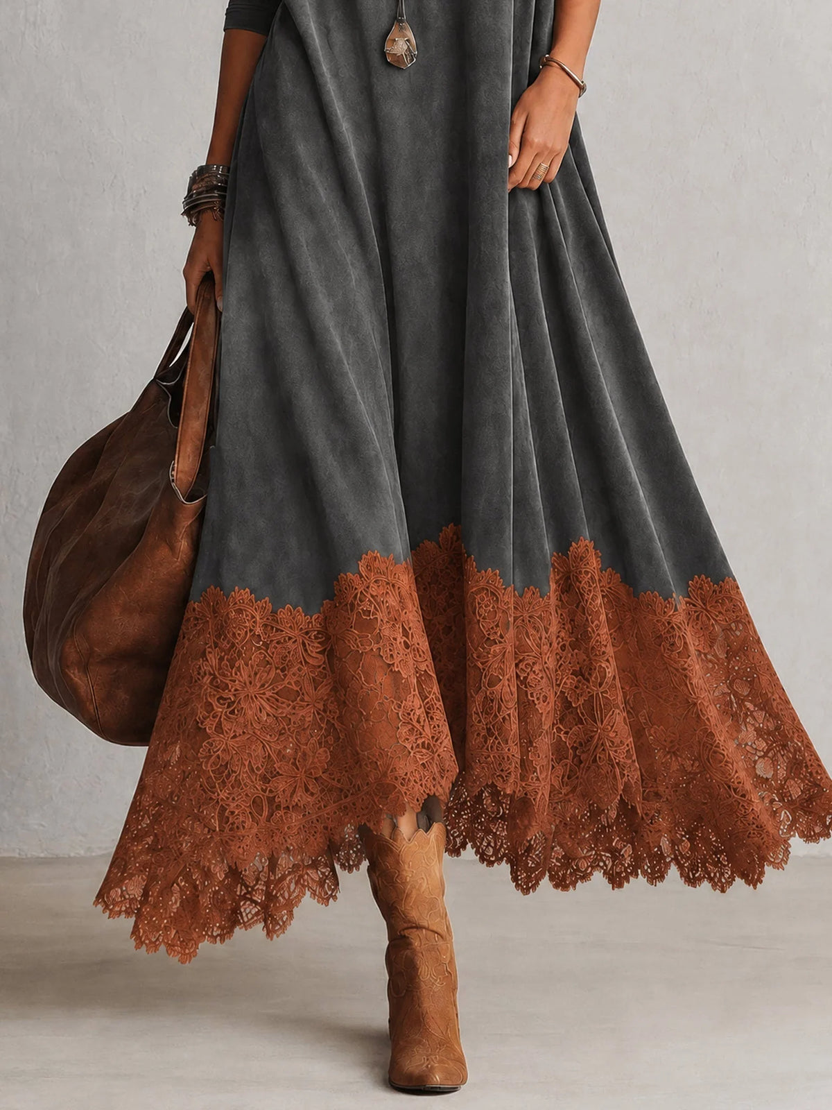 Vestido maxi para mujer con adorno floral de encaje