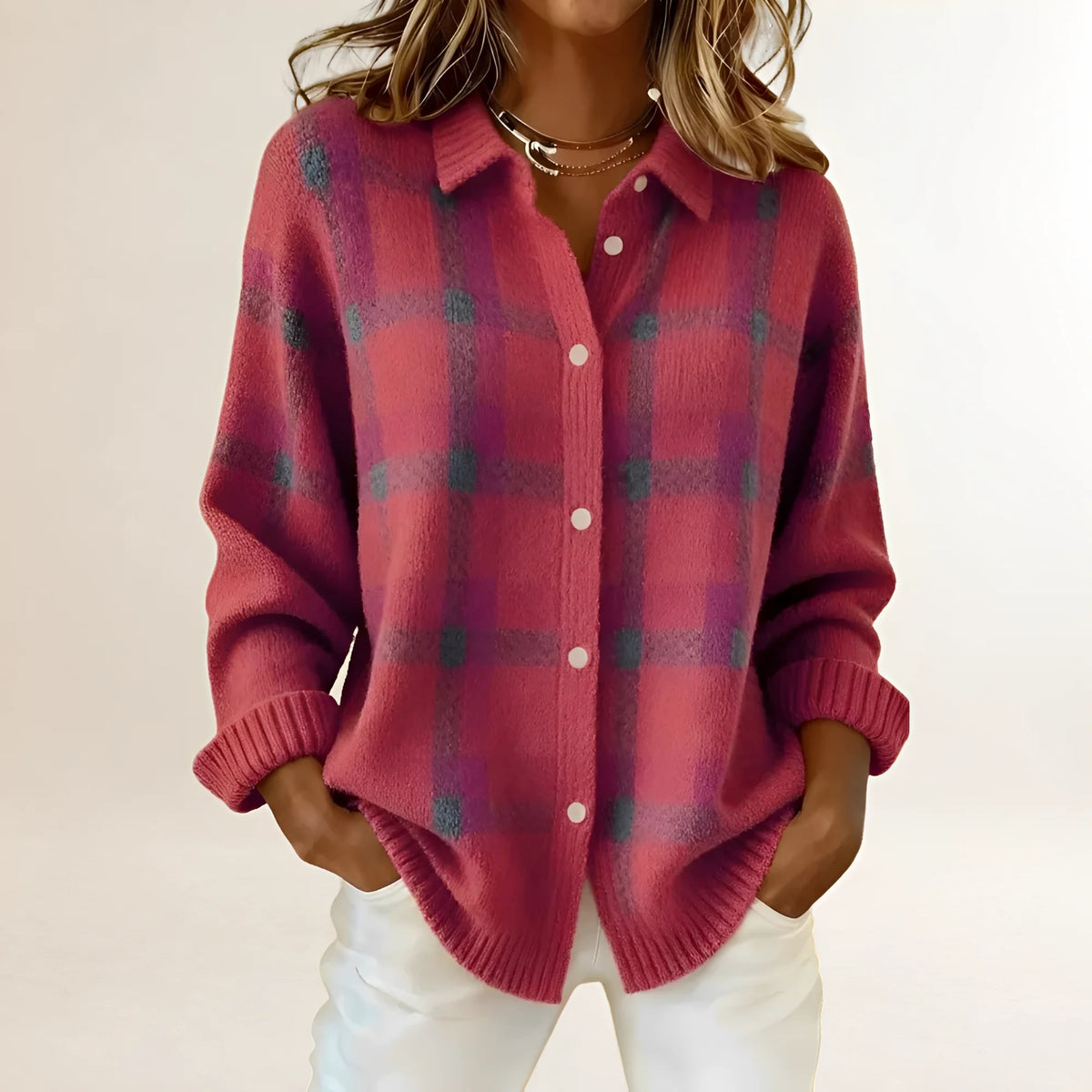 Cardigan de punto para mujer con estampado de cuadros y cuello con solapa