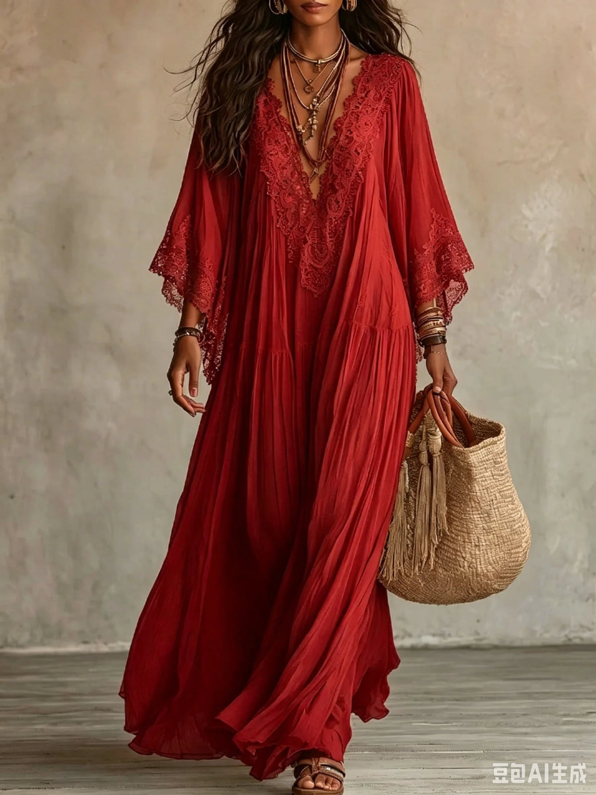 Vestido largo de mezcla de lino para mujer con mangas de encaje