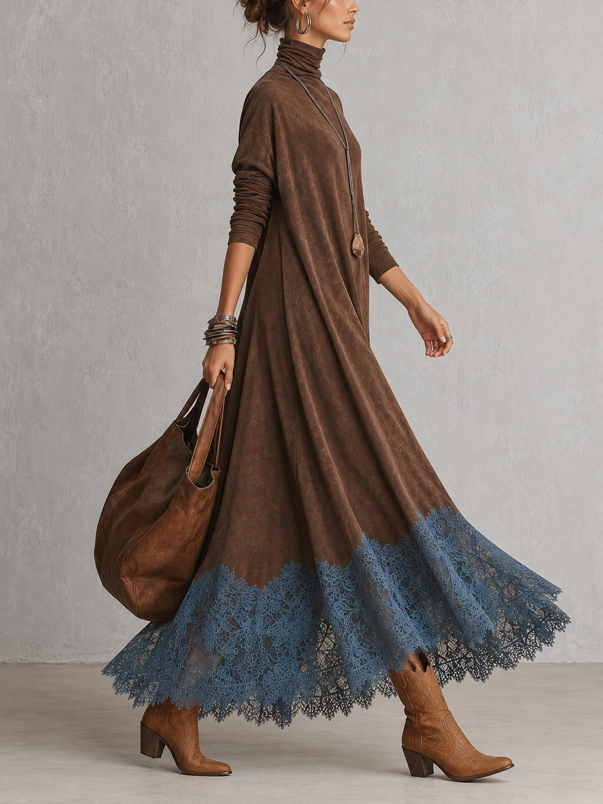 Vestido maxi para mujer con adorno floral de encaje