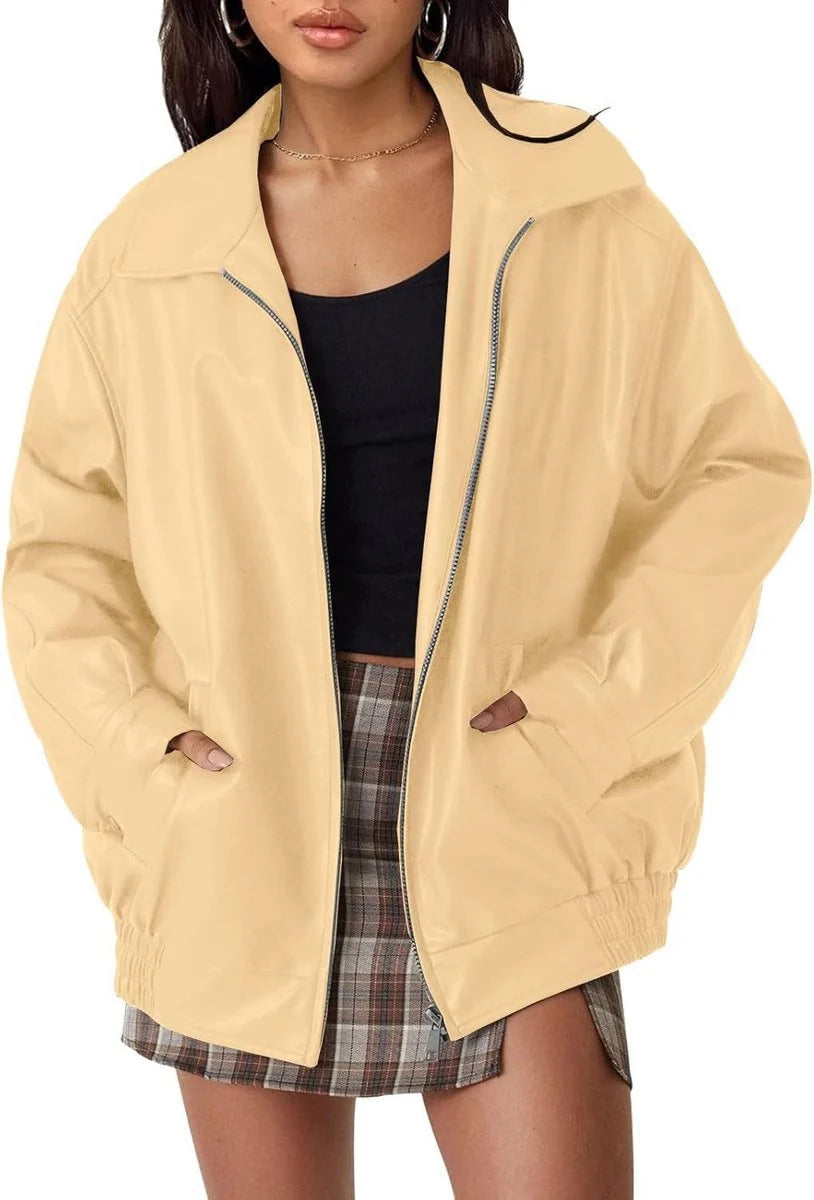 Chaqueta bomber de cuero sintético para mujer con bolsillos laterales profundos