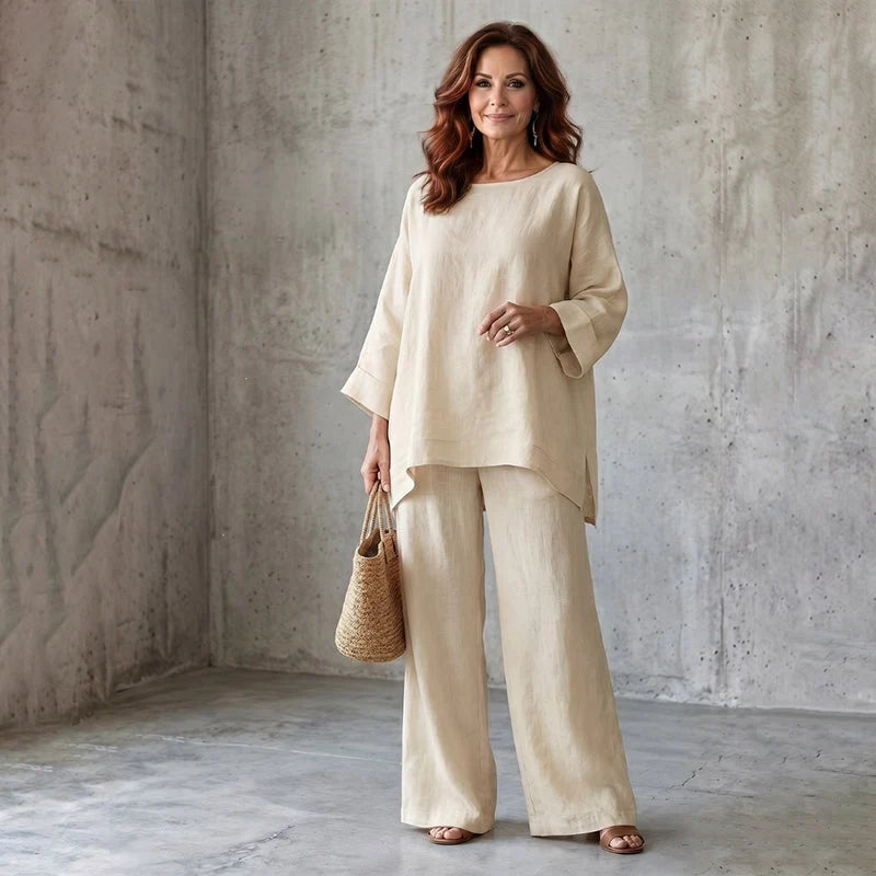 Conjunto de dos piezas para mujer estilo lino con mangas amplias y pantalones anchos