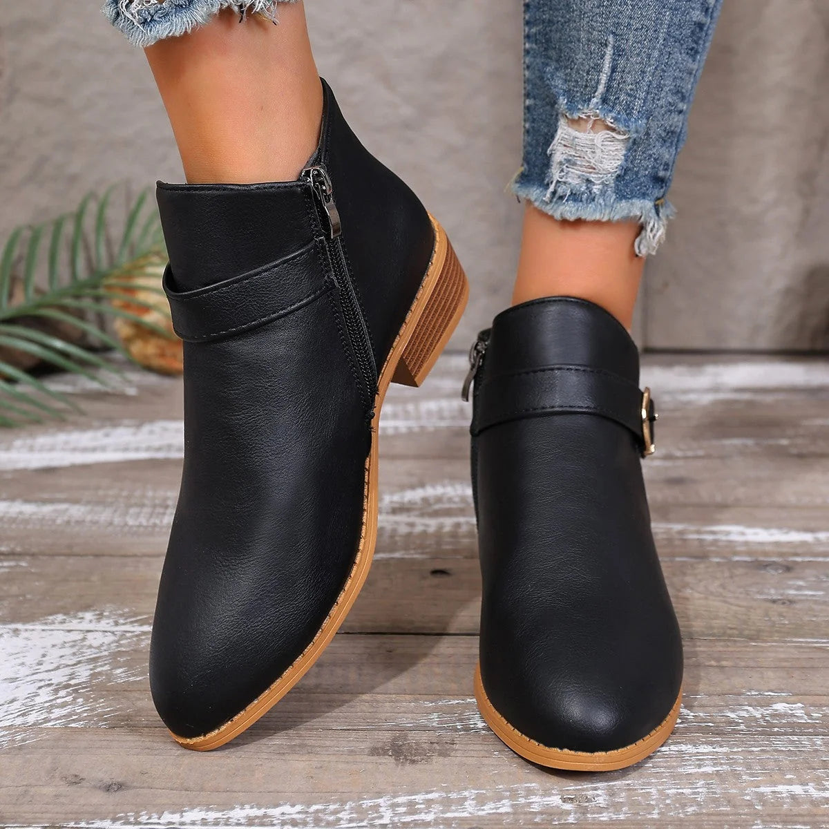 Botines de piel sintética para mujer con cremallera lateral
