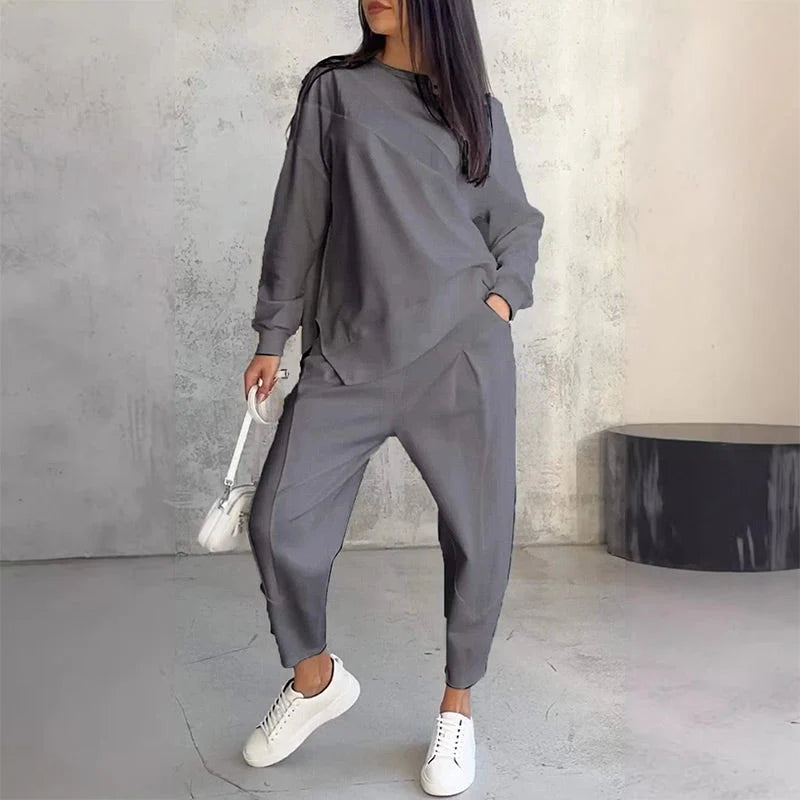 Conjunto de sudadera para mujer de mezcla de algodón con dobladillo asimétrico