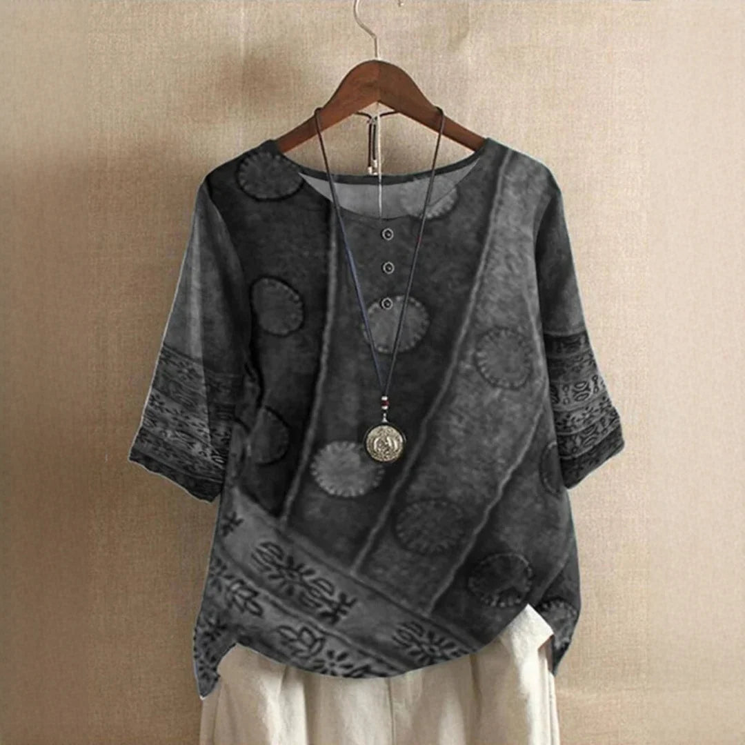 Blusa de mujer con estampado vintage y cuello redondo