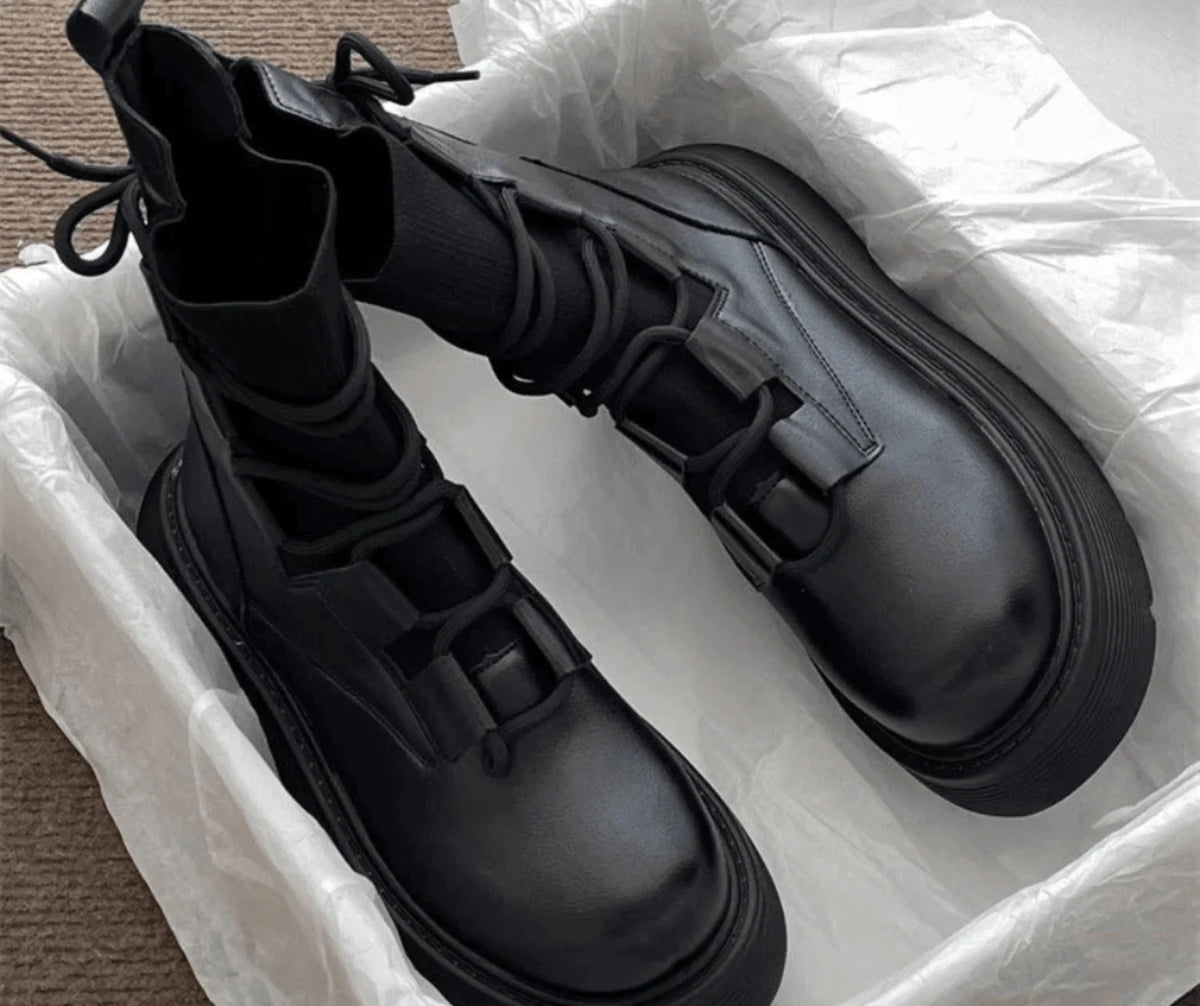 Botas de combate de cuero sintético para mujer con suela plataforma y hebillas