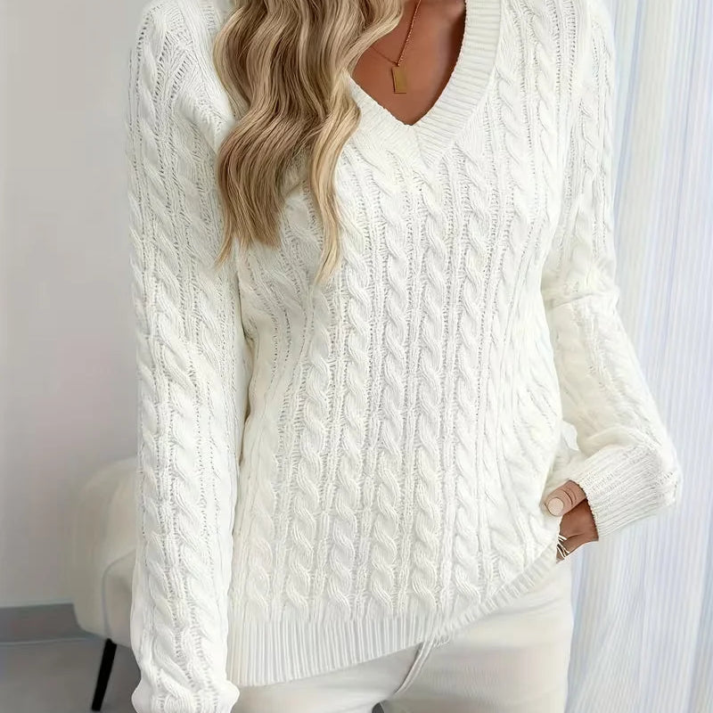 Jersey de mujer con cuello en V y punto trenzado