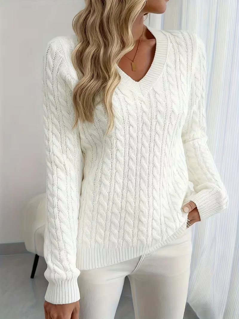 Jersey de mujer con cuello en V y punto trenzado