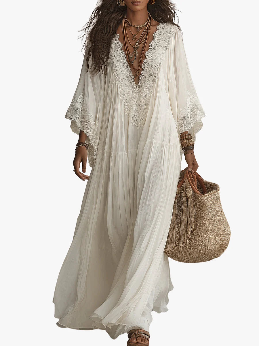 Vestido largo de mezcla de lino para mujer con mangas de encaje
