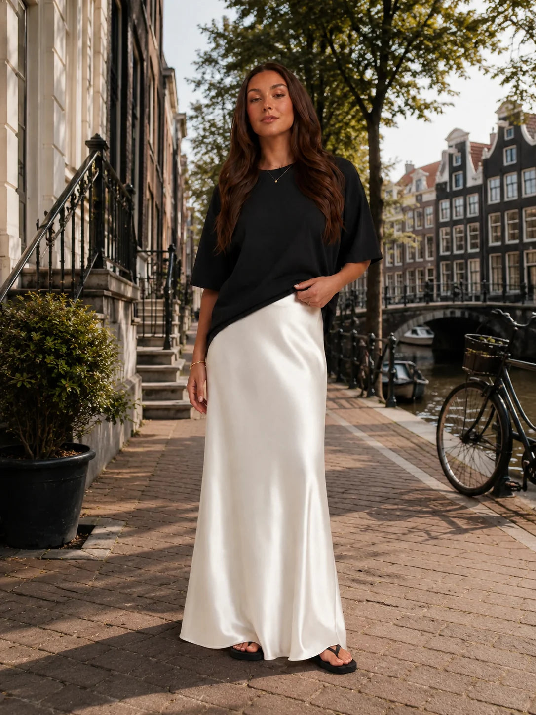 Falda maxi de talle alto para mujer con brillo discreto