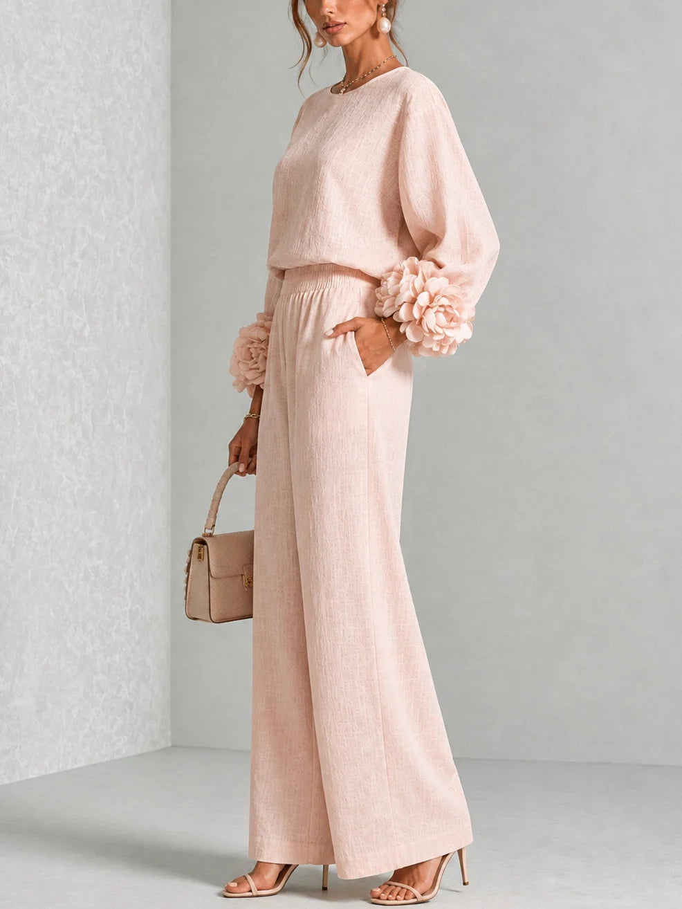 Conjunto de dos piezas para mujer con cintura alta y puños florales