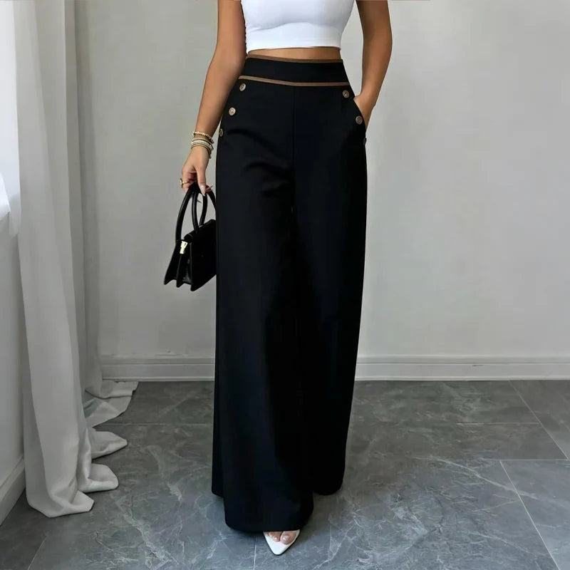 Pantalones amplios entallados para mujer con botones decorativos