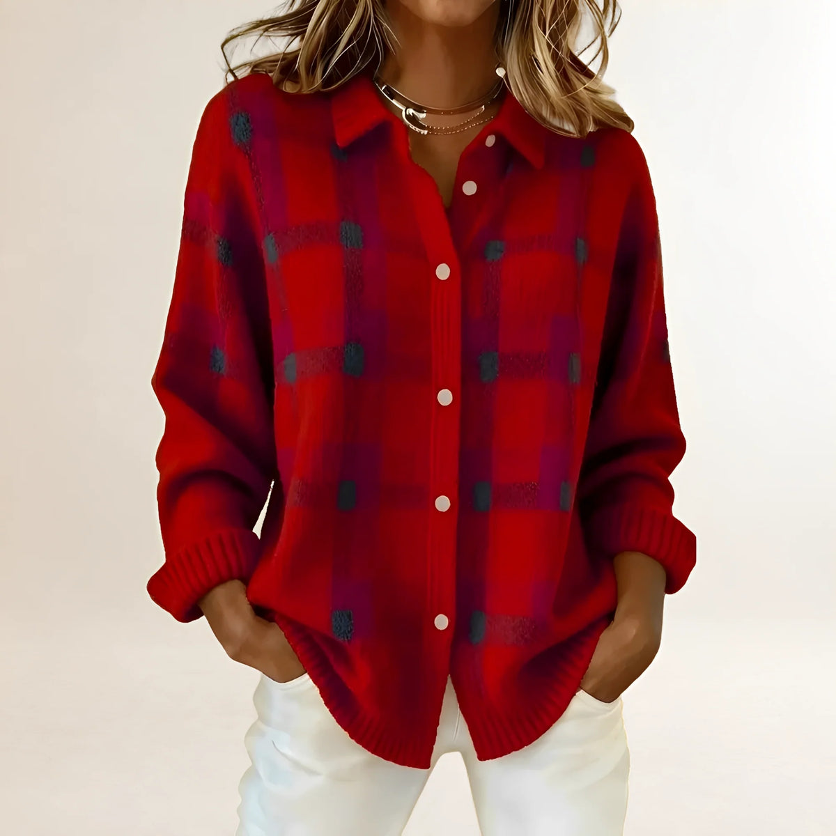 Cardigan de punto para mujer con estampado de cuadros y cuello con solapa