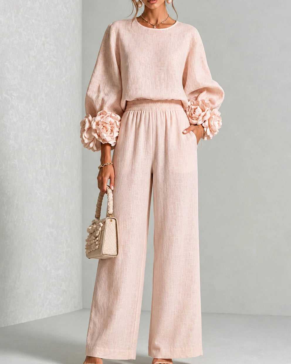 Conjunto de dos piezas para mujer con cintura alta y puños florales