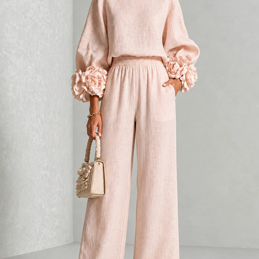 Conjunto de dos piezas para mujer con cintura alta y puños florales