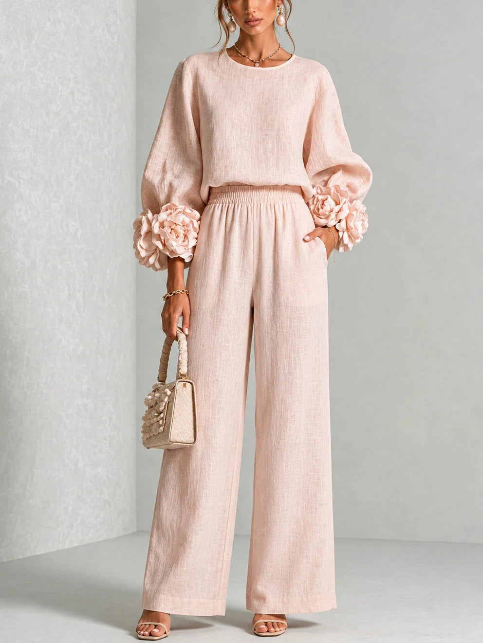 Conjunto de dos piezas para mujer con cintura alta y puños florales